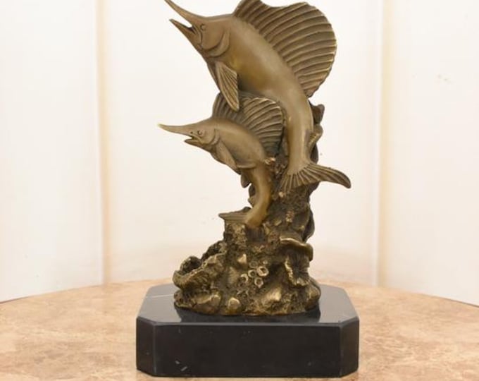 Bronze Marlins Statue: Unique Sailfish Sculpture on Marble