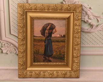 Antique Nocturne Oil Painting on Wood – Woman with Sickle, Unique Frame Chelmonski