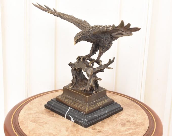 Dangerous Bronze Eagle Sculpture on Marble Base - Home Decor