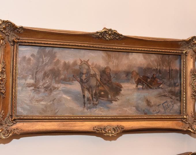 Antique Hunting Painting | Winter Landscape with Hunter | Falat Oil on Wood in Gilded Frame | Gift for Hunter