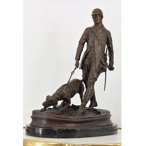 P.J. Mêne Bronze Hunter with Dog Statue - French Antique Figurine