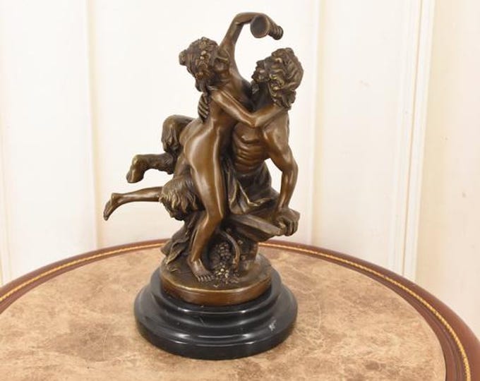Vintage Bronze Style Satyr Nymph Sculpture – Bacchic Classical Art Decor Marble Base