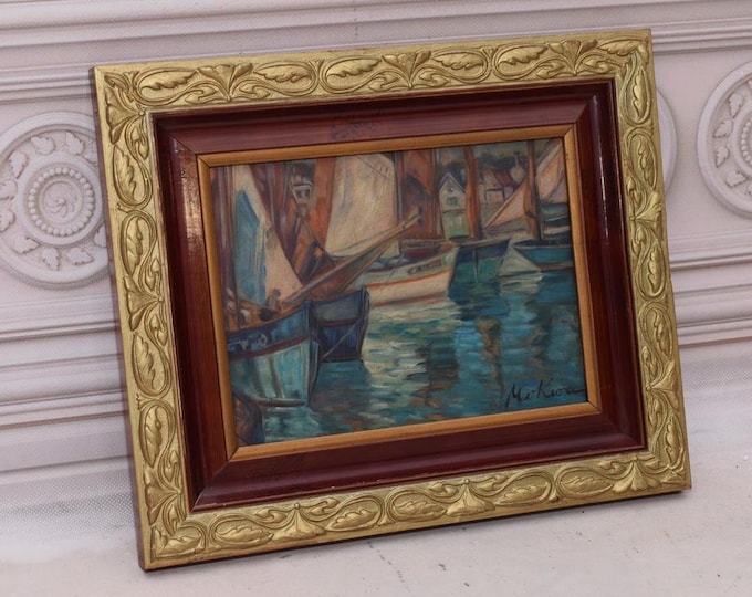 Antique Polish Painting - Painting - Boats in Gdansk - Old City Gdansk - Pre-war Gdansk Seaport - Wall Decor -  Gift Idea - Home Decor