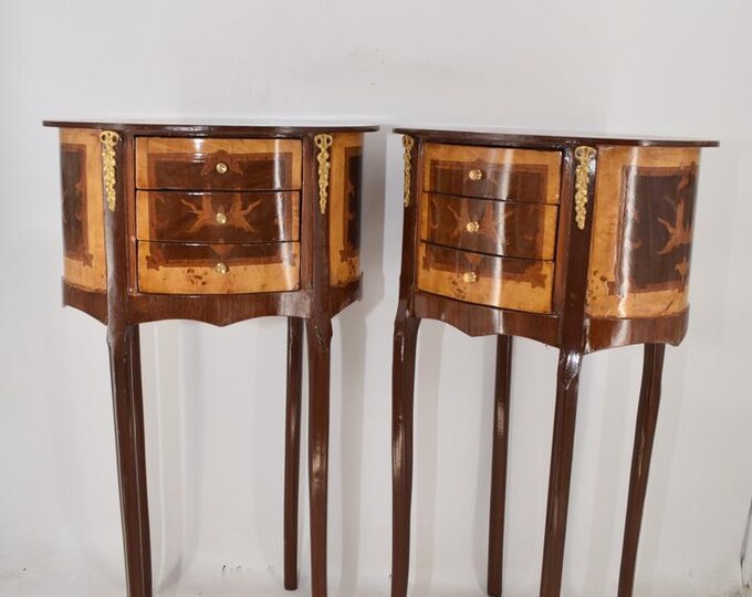 Set of French Louis XVI Style Commode & Night Stand – Chest of Drawers – Wooden Tables with Bronze Ornaments – Elegant Round Pair