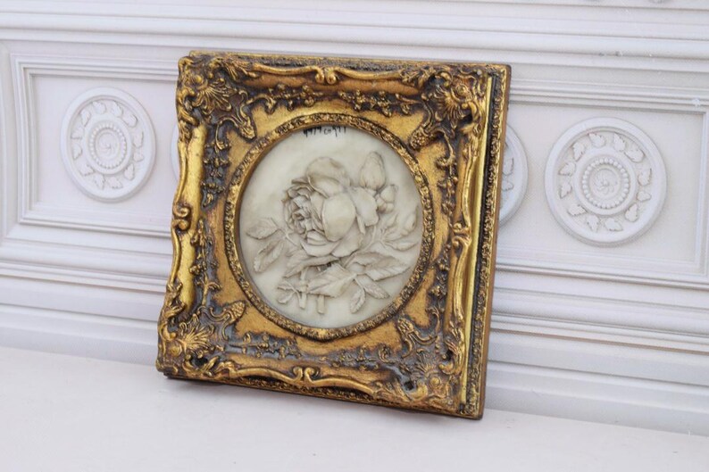 Vintage Painting Alabaster With Gold Frame Flowers Amazing Gift Idea