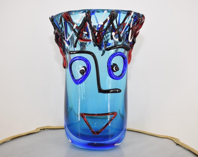 Face Vase Blue Murano Style - Funny Head - Murano Glass - Made in Italy - Vintage Flower Vase -Handmade Glass - Home Decor - Gift Idea