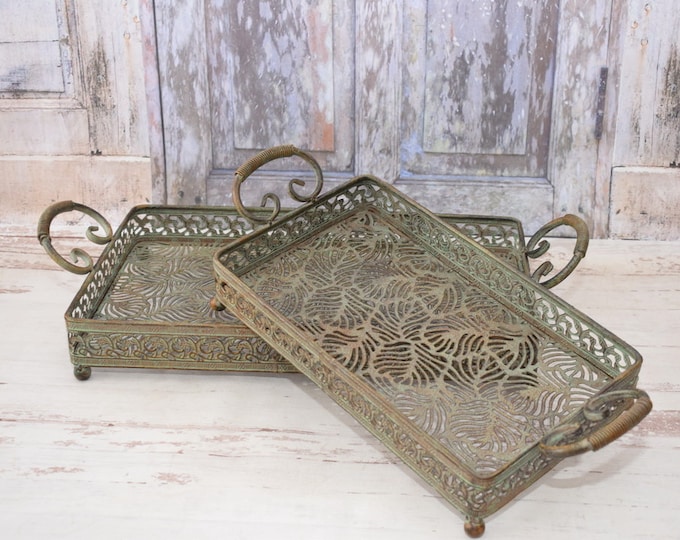 Pair Plateau Garden - Metal Decoration Garden - Garden Table - Green Patina Iron Flower Table - Amazing Garden Design - Home Decor
