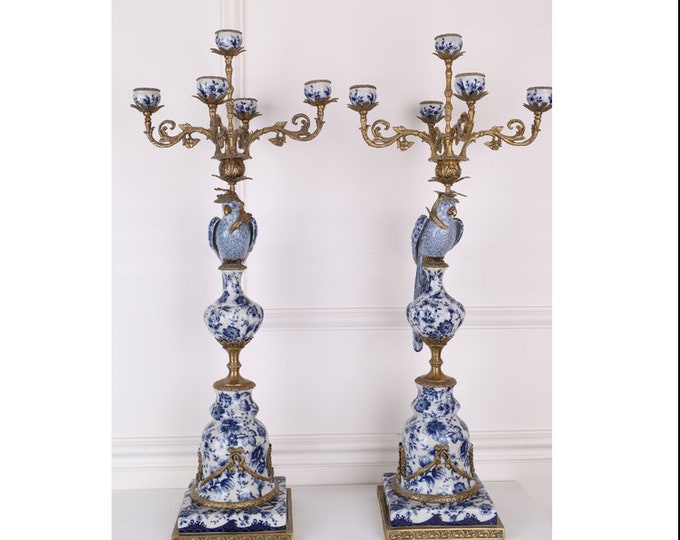Very Large Pair Porcelain Candlesticks - Bronze Ornaments - Parrots on a Branch - Home Decor - Unique Gift for Wedding Antique Candleholder