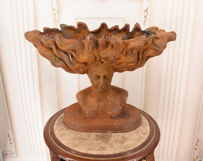 Art Nouveau Cast Iron Woman Bust Planter – French Vintage Sculpture, Garden Decor