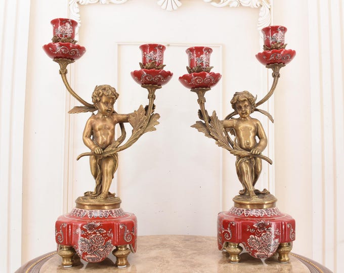 Pair of Porcelain Bronze Angel Candlesticks | Art Deco Style Candle Holders | Elegant Vintage Home Décor & Collector Gift