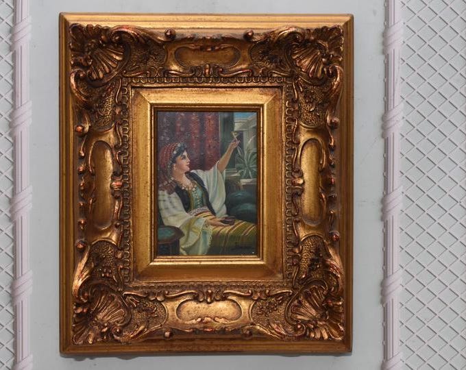 Vintage Portrait Painting – Aristocratic Lady with Headscarf, Golden Frame