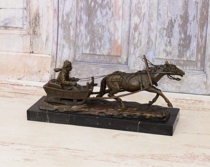 Large and Unique Statue - Cossack at the Horse - Bronze Hunting Trip Sleigh on Marble Base - Horse Art - Home Decor