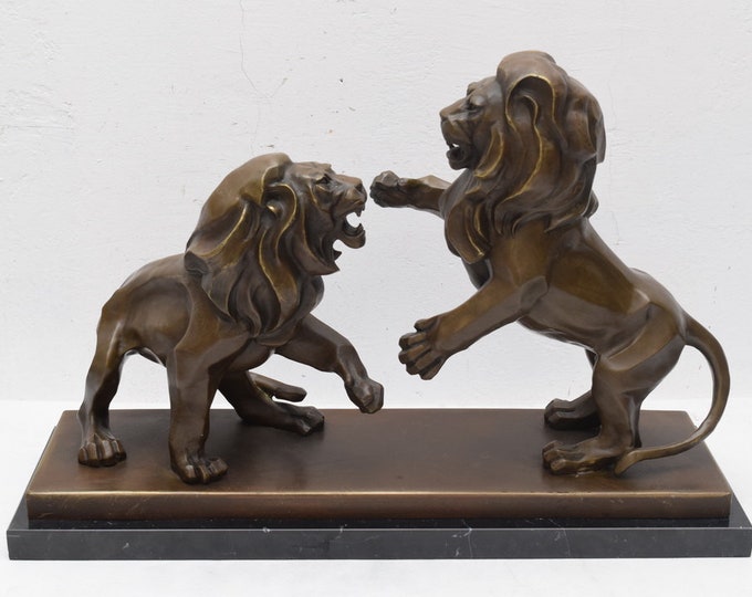 Two fighting lions - figurine bronze lions - big lion statue on black marble - gift to office -