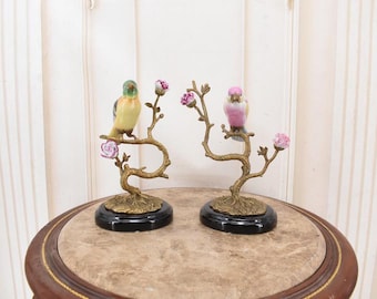 Pair Porcelain Bird Figurines – Bronze Ornaments on Branch Home Decor