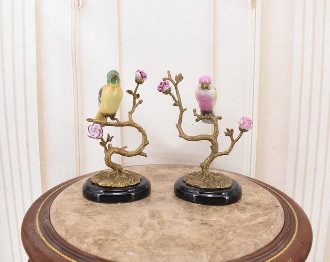 Porcelain Bird Candlesticks - Bronze Branch Ornaments, Vintage Home Decor