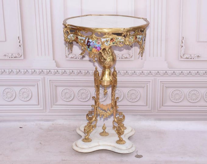 French Empire Bronze Marble Table: Painted Gilded Palace Decor