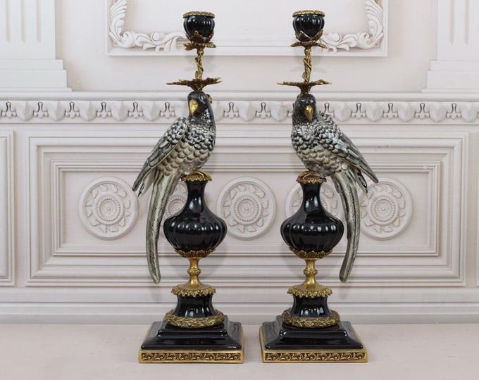 Pair Porcelain Candlesticks - Parrots Design - Porcelain and Bronze Ornaments - Parrots on a Branch Statues -Home Decor - Gift Idea