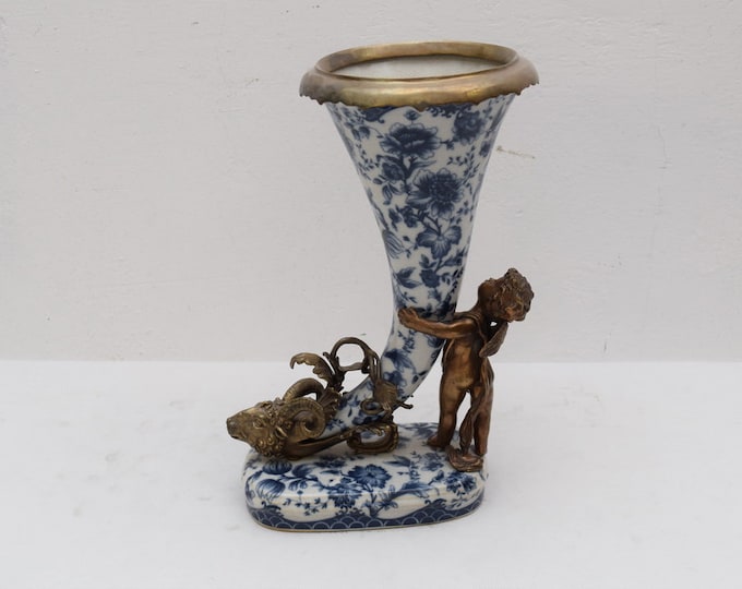 Blue Cornucopia Deer Porcelain with Bronze Plateau Cupid Angel Art Nouveau Vintage  Gift