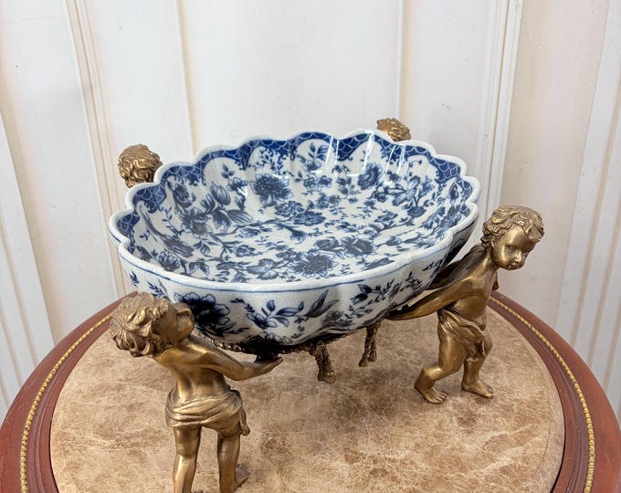 Blue Porcelain Bowl with Bronze Angels, Vintage Home Decor (17cm Height)