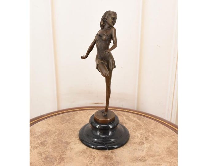 B. Zach Style Bronze Dancer Sculpture – Woman Flowing Dress, Marble Base