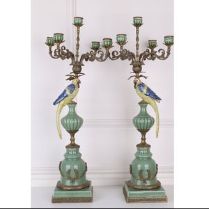 Very Large Pair Porcelain Candlesticks - Bronze Ornaments - Parrots on a Branch - Home Decor - Unique Gift for Wedding Antique Candleholder