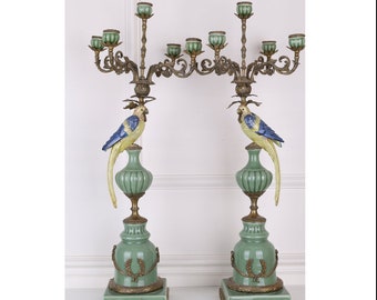 Lot De 2 Chandeliers Art Nouveau En Porcelaine Et Bronze - 38cm (neuf)