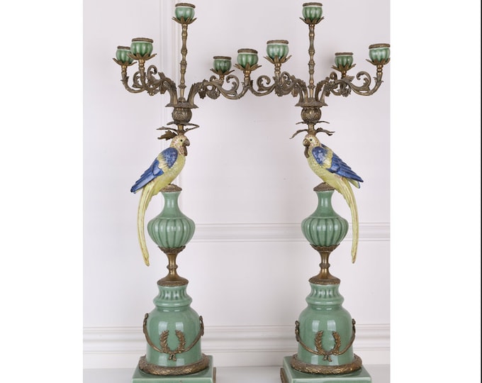 Very Large Pair Porcelain Candlesticks - Bronze Ornaments - Parrots on a Branch - Home Decor - Unique Gift for Wedding Antique Candleholder