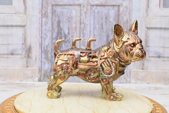 Bulldog francese Steampunk Statuetta dorata Statua di cane robot