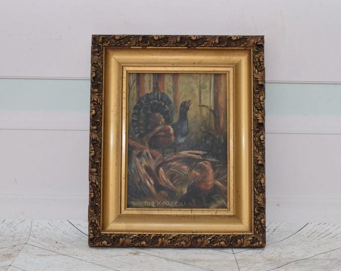 Tocking Capercaillie Antique Painting Oil on Wood - Old Landscape - Korecki Handmade Painting - Polish Landscape - Wall Art Home Decor