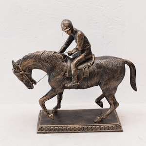 XL Size Jockey on Horse Rider Cast Iron Polo Sculpture Figurine Figure on Pedestal Gift Vintage  Style -
