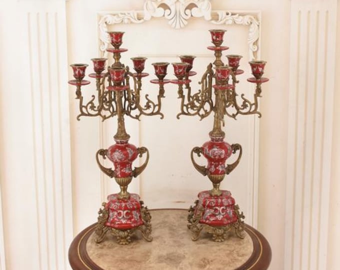 Art Nouveau Red Porcelain Candlestick Pair with Bronze Ornaments
