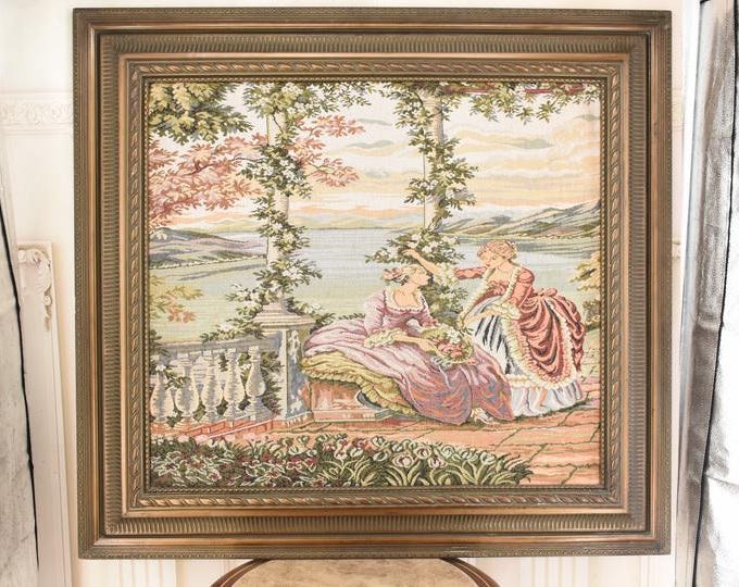 Vintage French Tapestry Painting – Two Aristocratic Ladies in Wooden Frame – Elegant Wall Art Decor