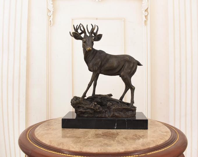 Bronze Deer Statue on Marble Base - Vintage Hunting Decor