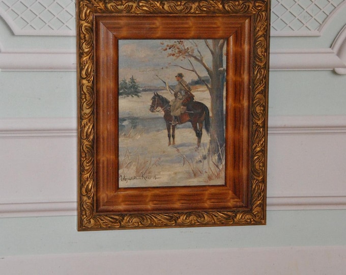 Antique Polish Oil Painting – Soldier on Horse in Winter Scene – Kossak Style Art on Wood – Vintage Wall Decor - Gift for Birthday
