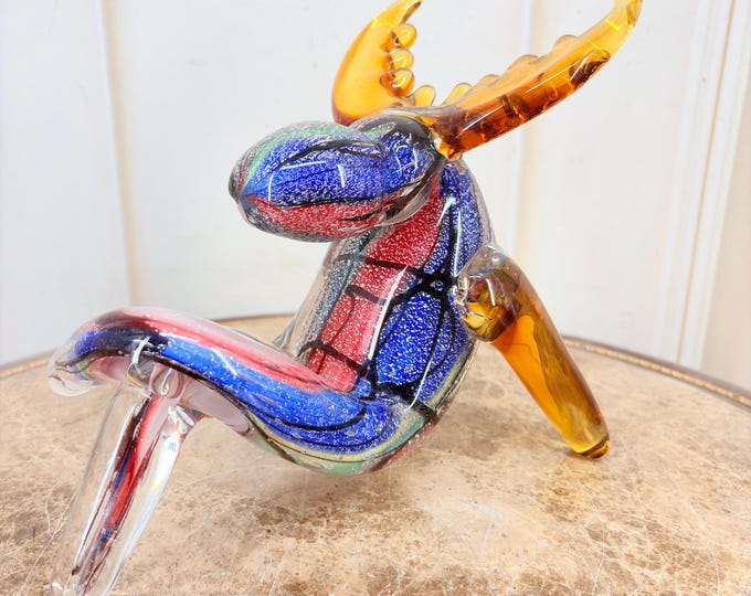 Vintage Murano Style Glass Reindeer Figurine – Colorful Thick Sitting Deer Sculpture
