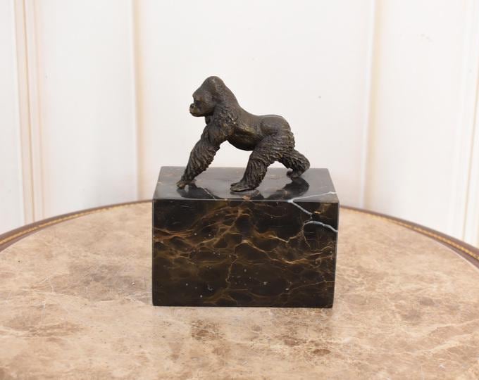 Vintage French Bronze Gorilla Sculpture – Bronze Figure on Marble Base – Unique Collectible Statue