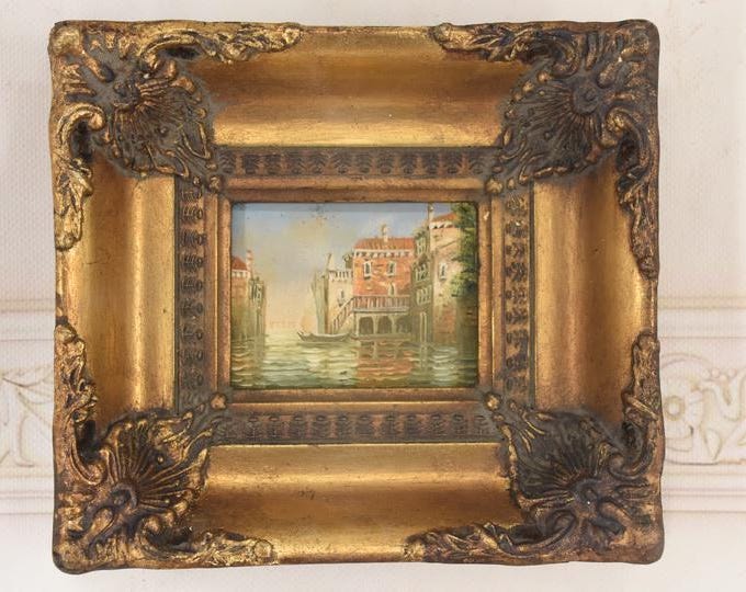 Venice Canal Painting – Italian Cityscape Art in Golden Frame