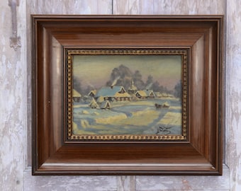 Antique Winter Landscape Painting: Signed Wood Frame Wall Art