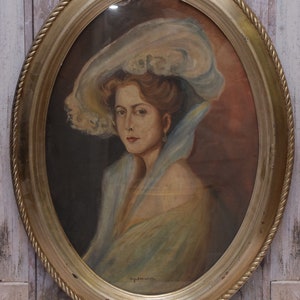 Pintura Antiga em Moldura Oval - Pintura Boznanska - Retrato Antigo Aristocrata Francês - Óleo sobre Caixa - Arte de Parede - Decoração de Parede - Decoração de Casa