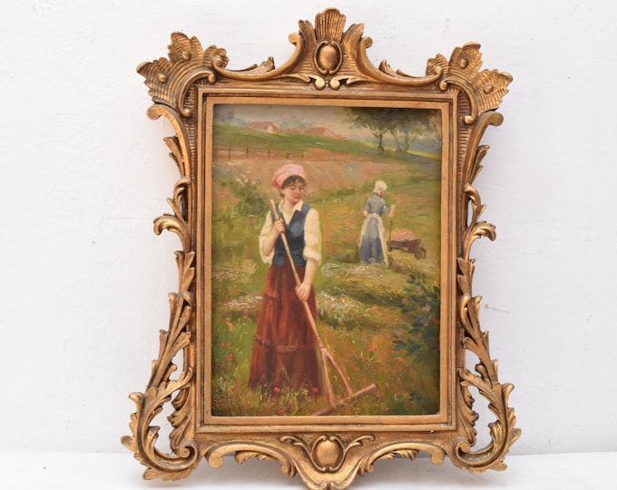 Painting woman raking leaves - painting on wood - wooden gold baroque frame - landscape painting