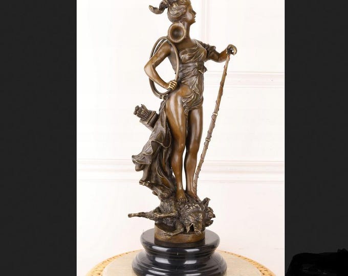 Large Bronze Diana Statue: Goddess of the Hunt, Marble Base, Vintage Decor
