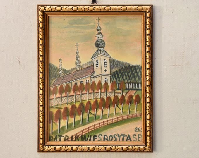 Nikifor Krynicki Painting: Old Krynica Zdroj, Polish Art Pastel on Carton
