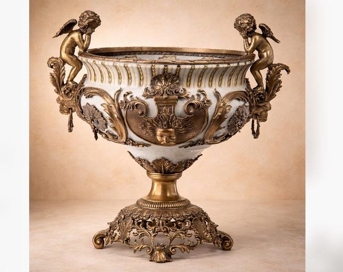 Antique Gilded Bronze Porcelain Centerpiece Bowl with Cherubs – Neoclassical Urn Jardiniere