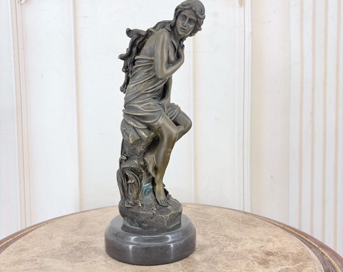 Art Deco Bronze Woman Statue – Signed Vintage Figurine, Elegant Lady Sculpture