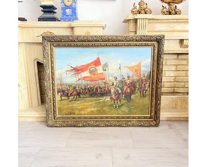 Antique Polish Hussars Oil Painting – Cavalry Battle Scene, Historical Wall Art