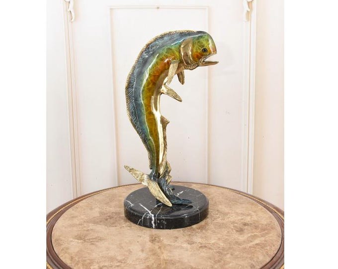 Mahi Mahi Bronze Fish Sculpture - Hand Painted Gilded Bronze - Vintage Nautical Decor - Ocean Art Figurine - Collectible Sea Gift