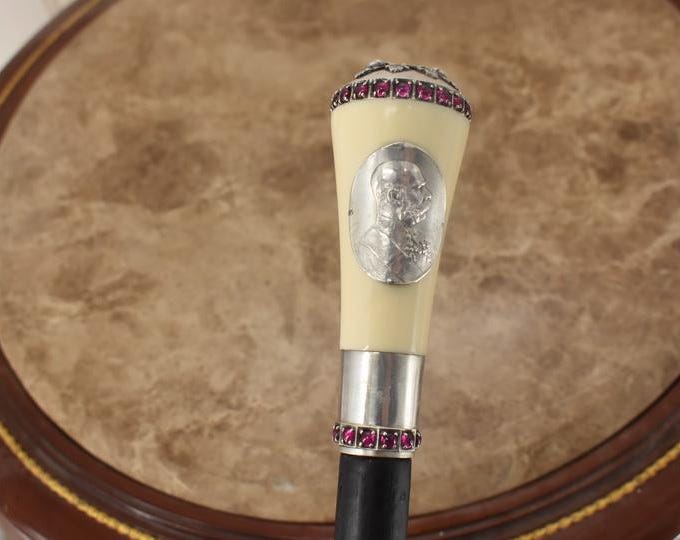 Antique 800 Silver Walking Cane – Imperial Russian Eagle, Ruby Accents