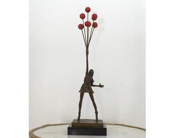 Banksy Style Bronze Girl with Balloons Statue on Marble Base