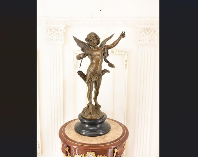 Large Cupid Bronze Sculpture: Vintage Cherub Statue on Marble Base