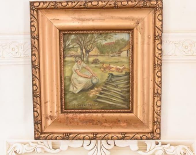 Antique Oil Painting Wood – Woman Feeding Chickens Farm Scene – Vintage Countryside Landscape